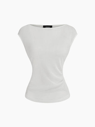 Boat Neck Solid Ruched Short Sleeve Top