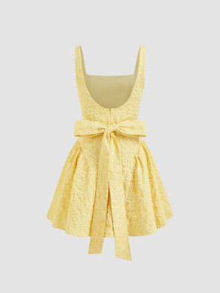 Jacquard U-neckline Floral Backless Bowknot Mini Dress