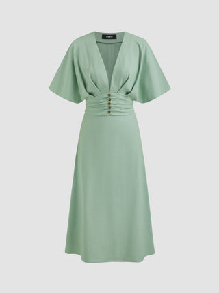 Wedding Wedding Guest Dress wedding guest wedding Linen-blend Linen-blend V-neck Solid Ruffle Ruched Midi Dress For Work