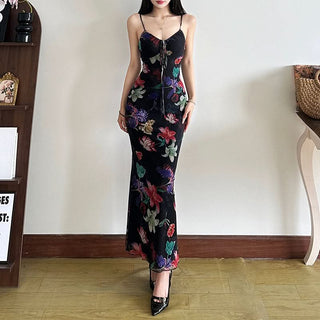 Flower print mesh self tie cami maxi dress