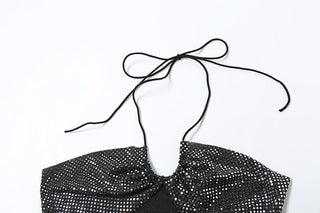 Halter glitter slit ruched flower applique mini skirt set