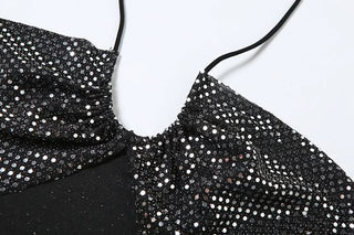 Halter glitter slit ruched flower applique mini skirt set