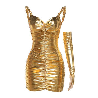 Metallic sweetheart neck ruched cami mini dress