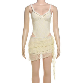 V neck ruffle lace bowknot cami mini skirt set