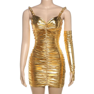 Metallic sweetheart neck ruched cami mini dress
