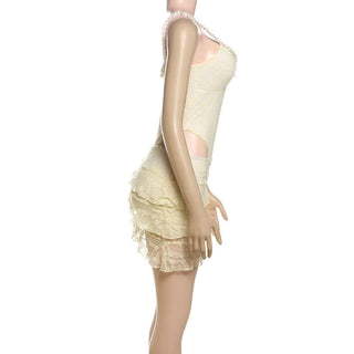 V neck ruffle lace bowknot cami mini skirt set