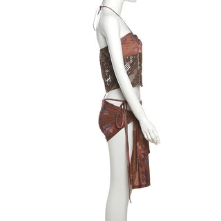 Halter contrast o ring knotted 3 piece mini skirt set