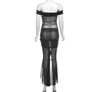 Off shoulder knotted glitter ruched maxi dress