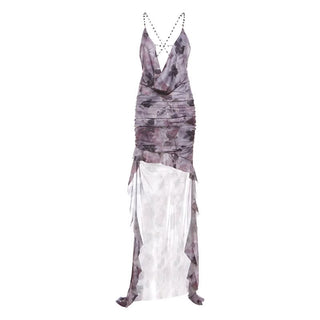 Cowl neck backless ruffle butterfly print mesh cami maxi dress