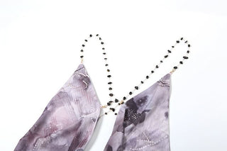 Cowl neck backless ruffle butterfly print mesh cami maxi dress