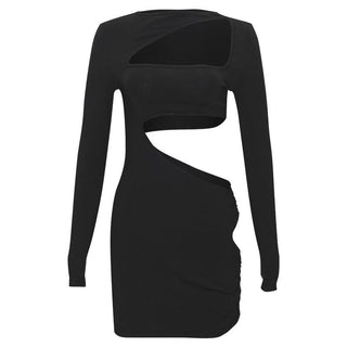 Long sleeve irregular hollow out ribbed cut out mini dress