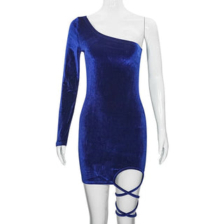 Irregular long sleeve self tie velvet one shoulder mini dress