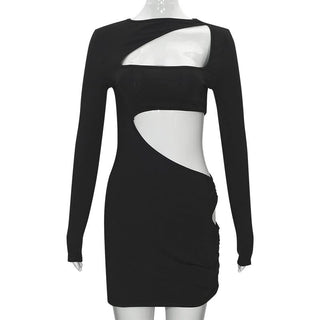 Long sleeve irregular hollow out ribbed cut out mini dress