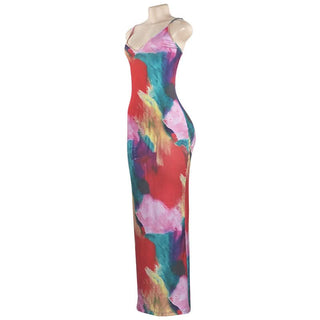V neck ribbed print backless cami maxi dress