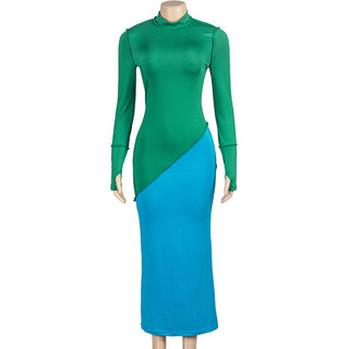 Long sleeve crewneck stitch contrast maxi dress