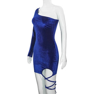 Irregular long sleeve self tie velvet one shoulder mini dress