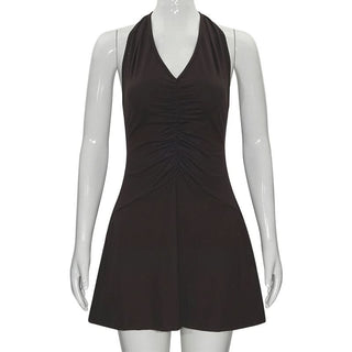 Halter self tie ruched deep V neck mini dress