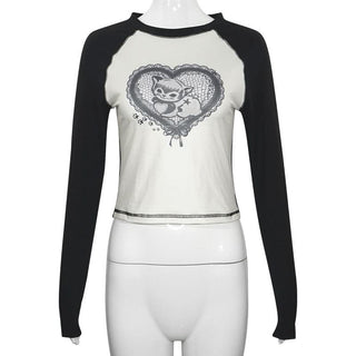 Crewneck long sleeve stitch heart pattern top