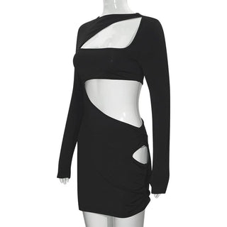 Long sleeve irregular hollow out ribbed cut out mini dress