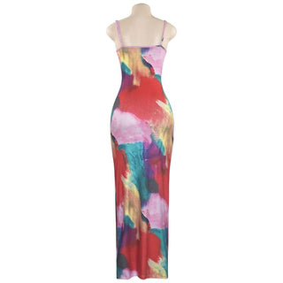 V neck ribbed print backless cami maxi dress