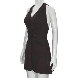 Halter self tie ruched deep V neck mini dress