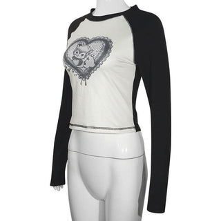 Crewneck long sleeve stitch heart pattern top