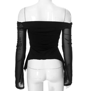 Off shoulder long sleeve ruched slit mesh top