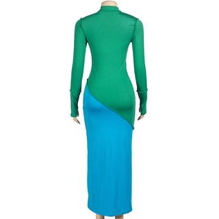 Long sleeve crewneck stitch contrast maxi dress