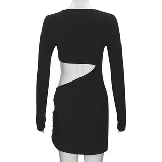 Long sleeve irregular hollow out ribbed cut out mini dress