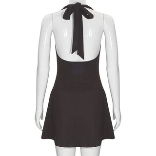 Halter self tie ruched deep V neck mini dress