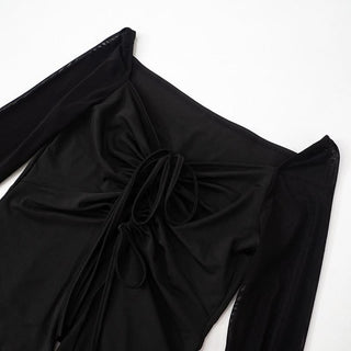 Off shoulder long sleeve ruched slit mesh top