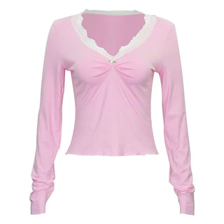 Lace hem long sleeve v neck ruched top