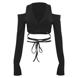Long sleeve slit v neck off shoulder self tie crop top