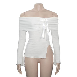 Slit long sleeve off shoulder bowknot textured top