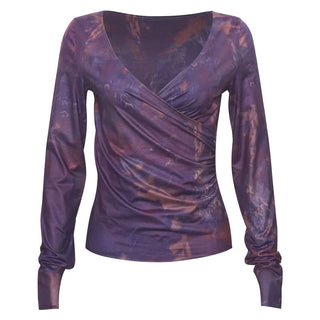 Long sleeve ruched v neck print contrast top