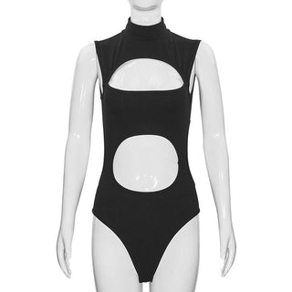 Hollow out high neck sleeveless solid bodysuit
