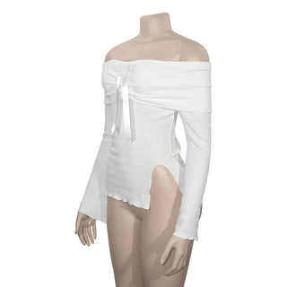 Slit long sleeve off shoulder bowknot textured top