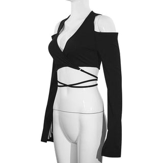 Long sleeve slit v neck off shoulder self tie crop top