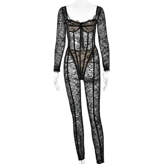 Long sleeve lace see through v neck zip-up jumpsuit