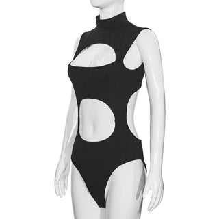 Hollow out high neck sleeveless solid bodysuit