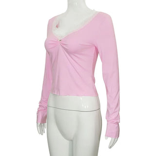 Lace hem long sleeve v neck ruched top