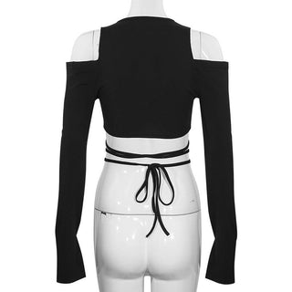 Long sleeve slit v neck off shoulder self tie crop top