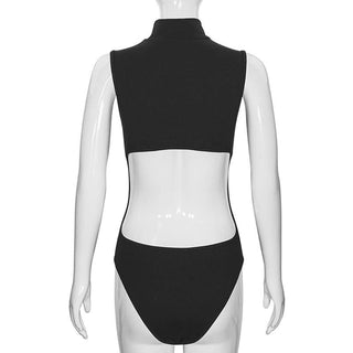 Hollow out high neck sleeveless solid bodysuit
