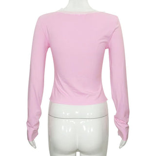 Lace hem long sleeve v neck ruched top