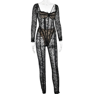 Long sleeve lace see through v neck zip-up jumpsuit