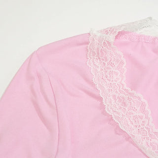 Lace hem long sleeve v neck ruched top