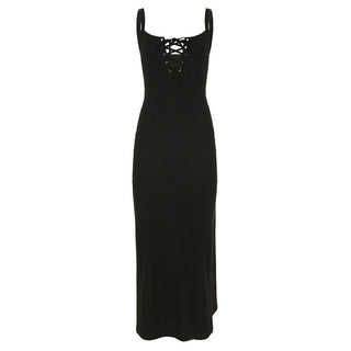 Self tie u neck hollow out ribbed slit cami cut out midi dress