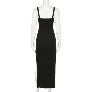 Self tie u neck hollow out ribbed slit cami cut out midi dress