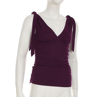 Ruched deep V neck solid self tie tank top