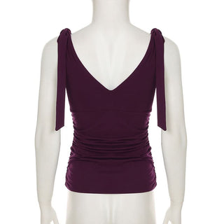 Ruched deep V neck solid self tie tank top